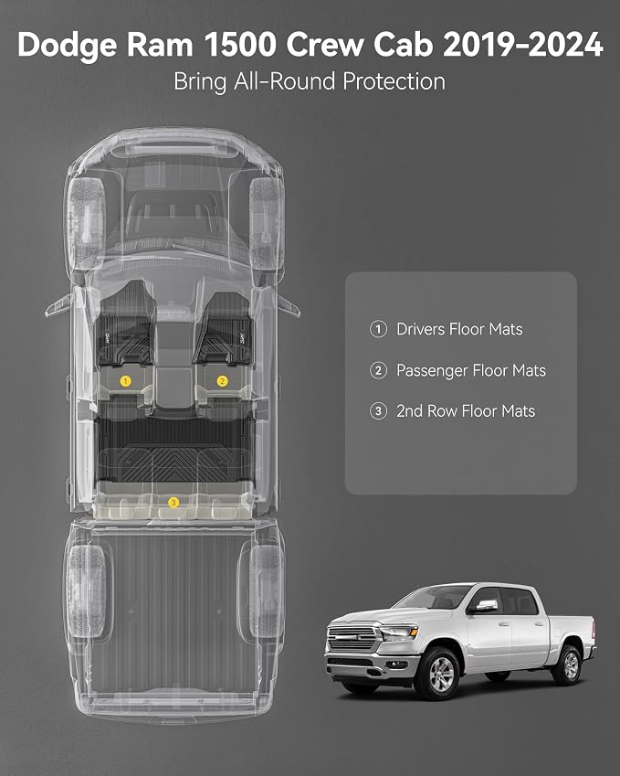 3W Floor Mats Fit for 2019-2024 Dodge Ram 1500 Crew Cab New Body (NOT Classic Models) with Original Storage All Weather TPE Accessories Custom Fit Dodge Ram 1500 Floor Liner Full Set Car Mats