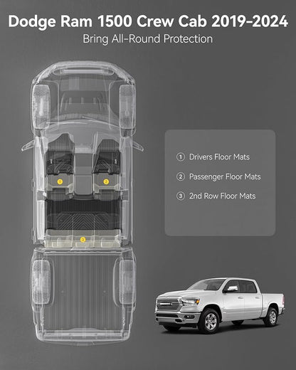 3W Floor Mats Fit for 2019-2024 Dodge Ram 1500 Crew Cab New Body (NOT Classic Models) with Original Storage All Weather TPE Accessories Custom Fit Dodge Ram 1500 Floor Liner Full Set Car Mats