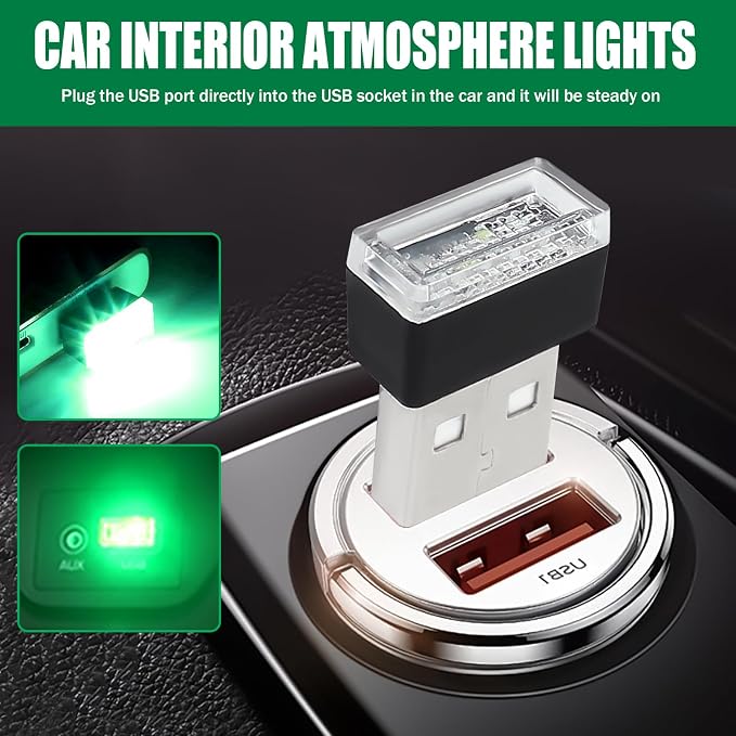 4 PCS USB LED Car Interior Atmosphere Lamp, Portable Mini Auto LED Decor Night Light, Plug-in USB Interface Ambient Lighting Kit, Universal Car Interior Accessories(Green)