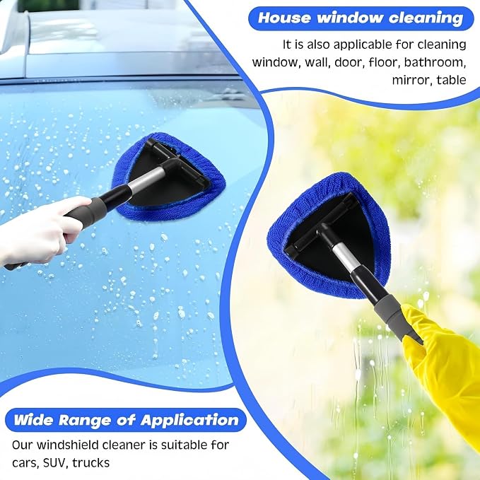 Windshield Cleaning Tool, Extendable Handle Car Window Cleaner with 5 Reusable and Washable Microfiber Pads, Auto Glass Wiper Kit for Interior & Exterior, Ideal for Dirty Car Windows (red)