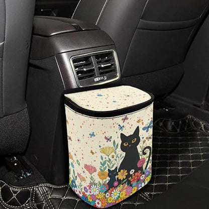 Cat Butterfly Colorful Daisy Pattern Car Trash Can with Lid and Zipper Portable Foldable Trash Bin for Car Interior Accessories Multipurpose Garbage Can Bags Storage Organizer