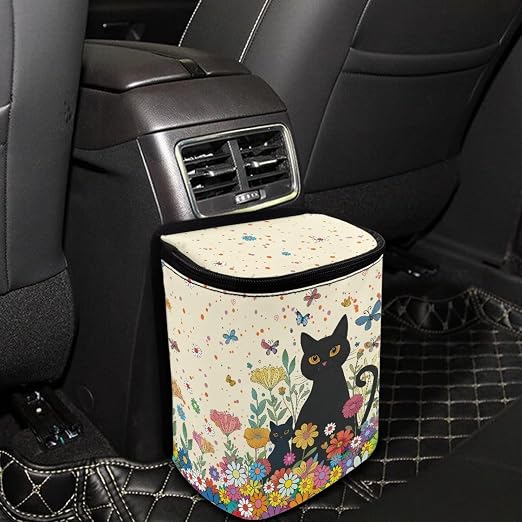 Cat Butterfly Colorful Daisy Pattern Car Trash Can with Lid and Zipper Portable Foldable Trash Bin for Car Interior Accessories Multipurpose Garbage Can Bags Storage Organizer