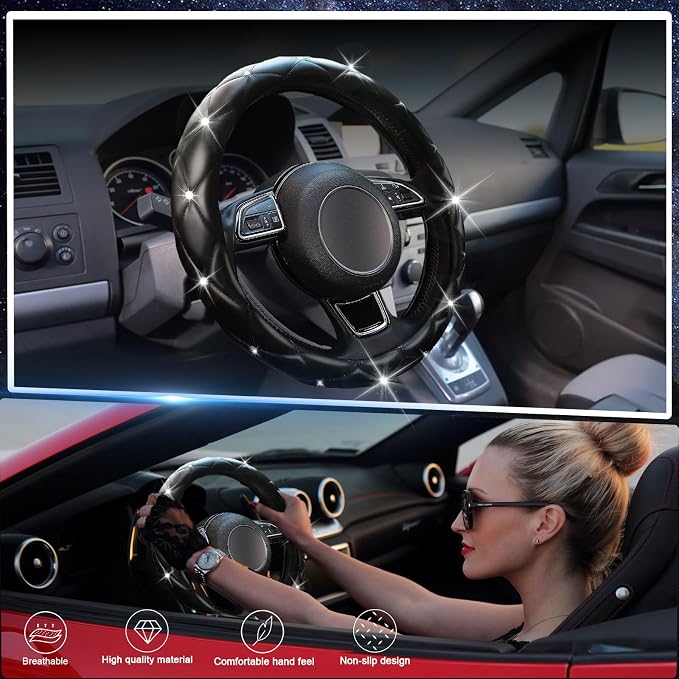 SuperKaKa Black Steering Wheel Cover 2026, Auto Cute Girly Diamond Bling Comfort Leather Car Interior Accessories Protector Sparkly Automotive Decoration for Women Men