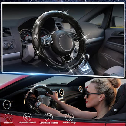SuperKaKa Black Steering Wheel Cover 2026, Auto Cute Girly Diamond Bling Comfort Leather Car Interior Accessories Protector Sparkly Automotive Decoration for Women Men