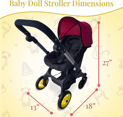Baby Doll Car Seat Stroller Combo – Convertible 2 in 1 Doll Stroller and Car Seat for Kids – Fits Up to 20” Dolls – Play Toy Baby Stroller with Adjustable Handle for Girls Toddlers All Ages (Maroon)