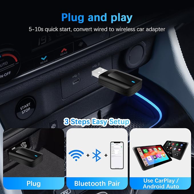 2025 Wireless CarPlay Adapter Convert Wired CarPlay to Wireless for iPhone & Android Auto Plug & Play USB Dongle with Upgraded Chipset, Low Latency, Fast Auto-Connect