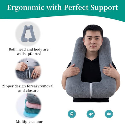FHSGGP Travel Pillow Upgraded Version of Aircraft Travel Neck Pillow with Storage Bag, Sleep Pillows for Travel by Train, Car, or Plane, Supporting the Head and Body, Travel Pillow for Kids Grey