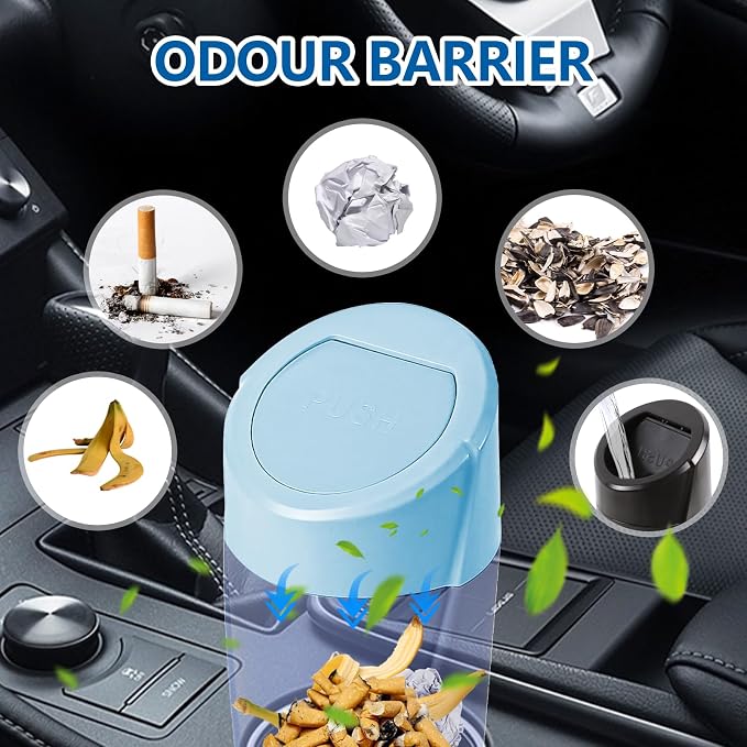 Hovom Mini Car Trash Can with Lid, Portable Garbage Can for Car, Leakproof Cup Holder Automotive Garbage Bin with 2 Rolls of Trash Bags, Small Trash Storage Can for Car Home Office(Light Blue)