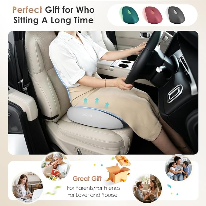 FLORICH Large Car Seat Cushion for Long Sitting, Ergonomic Memory Foam Driving Seat Cushion for Back & Sciatica Pain Relief, Non-Slip Washable Seat Cushion for Car, Driver, Office-Gray
