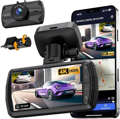 4K Dash Cam Front and Rear, Built-in WiFi GPS, 3" IPS Screen, HDR Night Vision Dash Camera for Cars, G-Sensor App Control, Emergency Lock, Accident Record, Parking Mode, Support 512GB Max