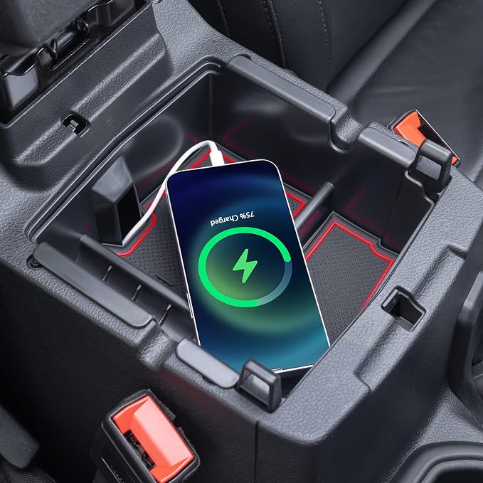 Compatible with Center Console Organizer Tray Jeep Wrangler JL/JLU 2018-2023 2024 2025 2026 and Jeep Gladiator JT Truck 2020-2023 2024 2025 2026 Insert Armrest Accessories (Not for JK/JKU)(Red Trim)