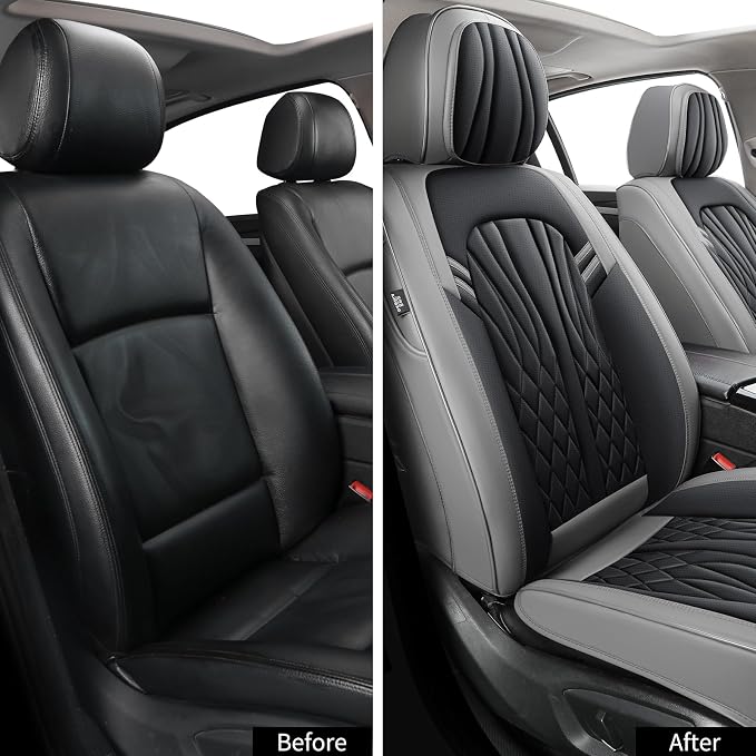 MINGBRON Leather Car Seat Covers,Breathable and Waterproof Faux Leather Automotive Seat Covers for Cars SUV Truck Sedan,Universal Driver Seat Cover Grey&Black
