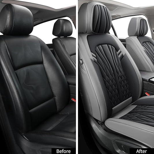 MINGBRON Leather Car Seat Covers,Breathable and Waterproof Faux Leather Automotive Seat Covers for Cars SUV Truck Sedan,Universal Driver Seat Cover Grey&Black