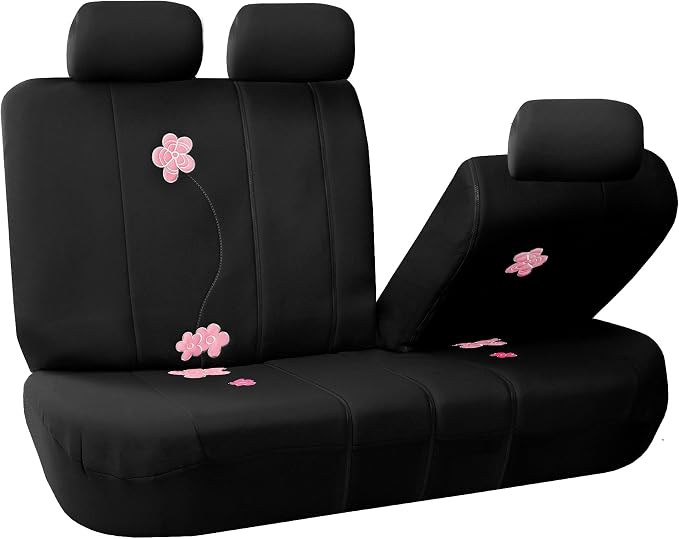 FH Group Floral Embroidery Car Seat Covers - Universal Fit, Split Bench Rear Seat, Washable Seat Cover for SUV, Sedan, Van, Rear Set, Black