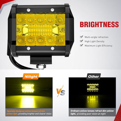 Nilight 4 Inch Yellow LED Light Pods 2PCS Triple Row 60W Flood Spot Combo Offroad Driving Fog Lighting for 12V 24V Pickup Truck ATV UTV SUV