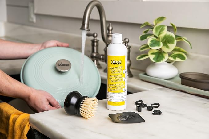 Lodge Enameled Cast Iron & Ceramic Stoneware Cleaner Care Kit - Set Includes 11oz Cleaner, Black Pan Scraper, Scrub Brush, Package of Pot Protectors, and Use & Care Booklet - 5 Piece Set