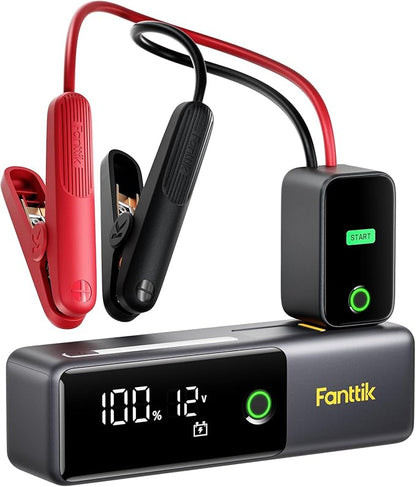 Fanttik Potent T10 1800A Portable Jump Starter, 12000mAh Power Bank, 12V Safe Lithium Jump Box with Smart SenseClamp, Retractable Charging Cable, Battery Booster for 7.0L Gas and 5.0L Diesel Engines