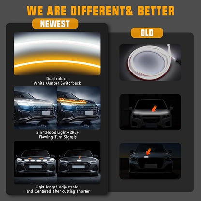 Dual Color Amber White Switchback 79 Inches Car Hood Light Strip,Exterior Flexible Headlight Waterproof Daytime Running Light Strip(1 Set)