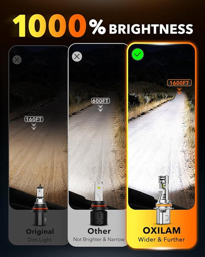 OXILAM 9007 LED Light Bulb, 10X Brighter 6500K Cool White, 60,000Hrs Lifespan, Plug and Play, Anti-Flicker, IP68, HB5 LED Light Compatible with Cars Trucks SUVs, Pack of 2