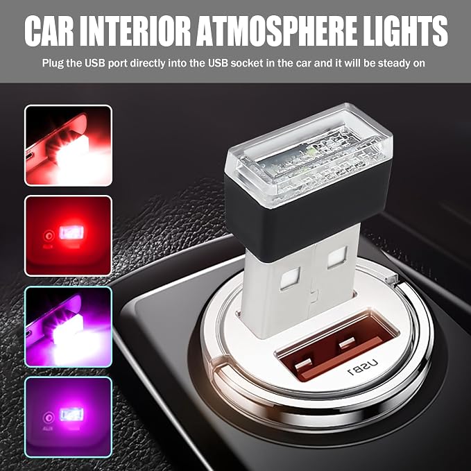 4 PCS USB LED Car Interior Atmosphere Lamp, Portable Mini Auto LED Decor Night Light, Plug-in USB Interface Ambient Lighting Kit, Universal Car Interior Accessories (Red+Purple)