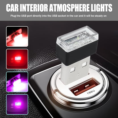 4 PCS USB LED Car Interior Atmosphere Lamp, Portable Mini Auto LED Decor Night Light, Plug-in USB Interface Ambient Lighting Kit, Universal Car Interior Accessories (Red+Purple)