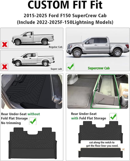All Weather Car Floor Mats for Ford F150/F-150 2015-2025 SuperCrew Cab (Includes 22-24 Lightning Models), TPE Rubber Floor Liners Anti-Slip Full Set Automotive Mats for 2025 Ford F-150 Accessories