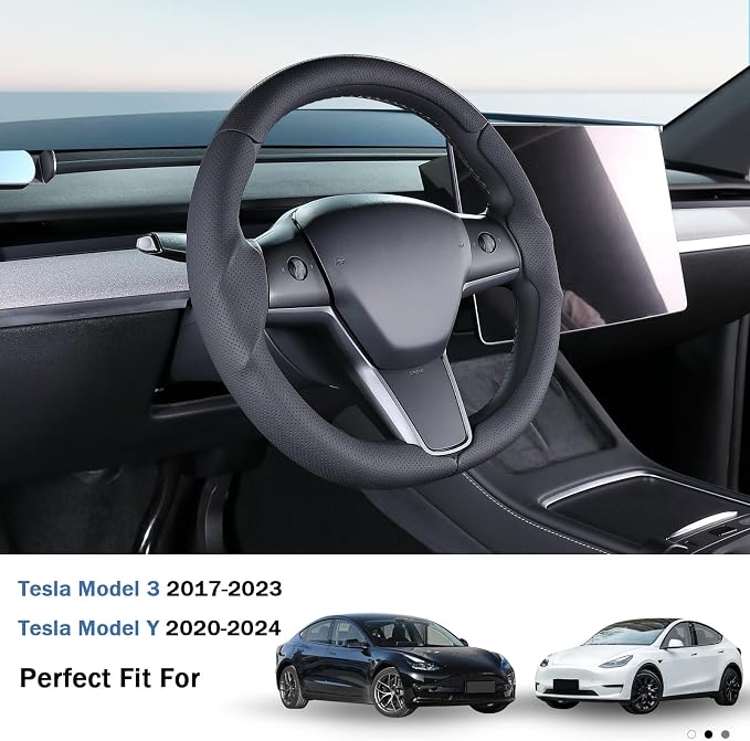 Steering Wheel Cover for 2017-2023 Tesla Model 3 2020-2024 Tesla Model Y, Leather Steering Wheel Cover for Tesla Model 3/Y Accessories, Black