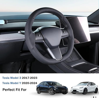 Steering Wheel Cover for 2017-2023 Tesla Model 3 2020-2024 Tesla Model Y, Leather Steering Wheel Cover for Tesla Model 3/Y Accessories, Black
