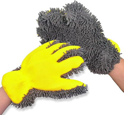 Car Wash Mitt Microfiber Scratch Free,Premium Chenille Ultra-Soft Car Wash Gloves,Thickened Inside Coated Swirl-Free Finish 5-Finger Design Detailing for Cleaning Car Wash Brush,2-Pack Yellow