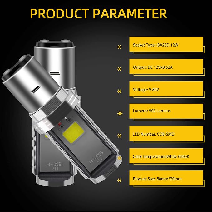 YM E-Bright 2-Pack 900 Lumens White BA20D COB 12W Led Bulb for Motorcycle BA20D lights High Low Beam