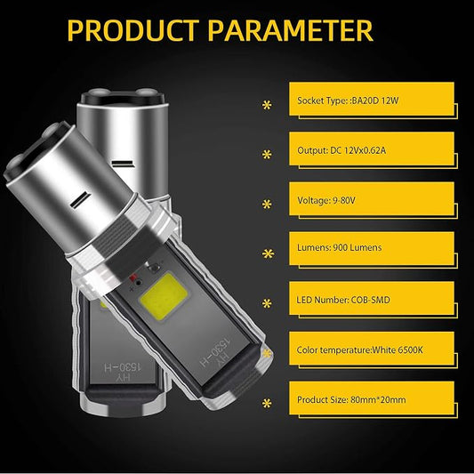YM E-Bright 2-Pack 900 Lumens White BA20D COB 12W Led Bulb for Motorcycle BA20D lights High Low Beam