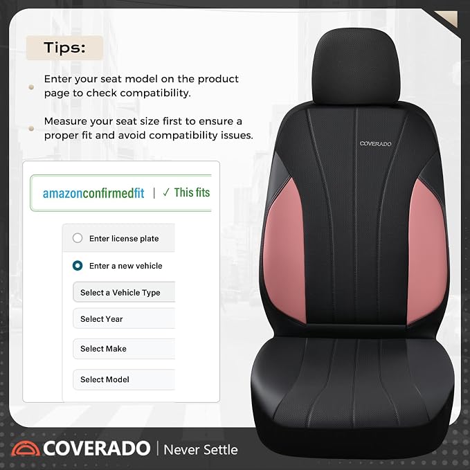 Coverado Automotive Car Seat Covers, Luxury Seat Covers Full Set, Leather Car Seat Protectors with Storage Bags, Pink Driver Seat Covers Universal Fit for SUVs Trucks Sedans