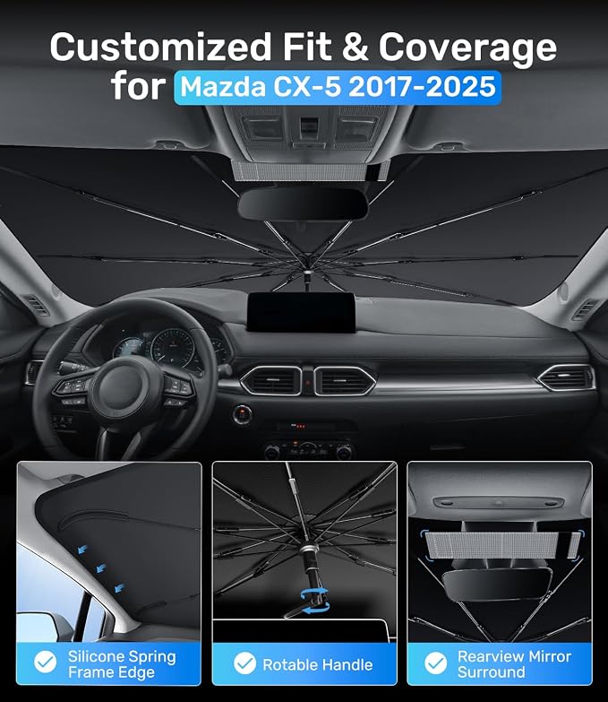 Zanch Upgrade Windshield Sun Shade, Custom Fit for Mazda CX-5 2017-2025 [Titanium-Silver Reflective Coating] Blocks 99% UV & Heat, Sunshade Umbrella for Mazda CX-5 2017 2018 ... 2024 2025
