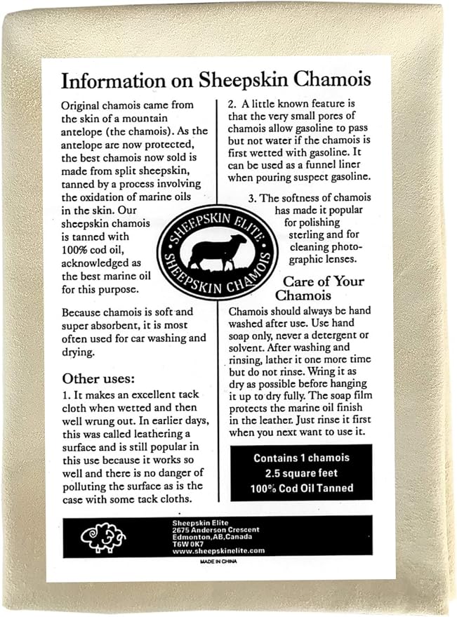 SHEEPSKIN ELITE Chamois Drying Cloth Car Drying Towel Real Leather Super Absorbent Fast Drying Natural Chamois Car Wash Cloth Accessory (2.5 sq. ft.)