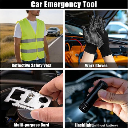 Car Roadside Emergency Kit, Portable Auto Air Compressor Tire Inflator, Jumper Cable, Car Emergency Kits for Teenagers, Black