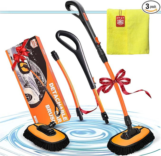 Car Wash Brush with Long Handle, Chenille Microfiber Car Wash Mop Kit, Scratch Free Car Cleaning Supplies with Ergonomic 15掳 Curved Extension Pole for RV Truck Boat Windshield - Orange