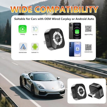 4 in 1 Wireless Carplay Adapter, Wired to Wireless Adapter for Car Play& Android Auto&Airplay&Mirror Link,USB-A Plug with Type-C Extension,Mini Size and Compact (4 in 1)