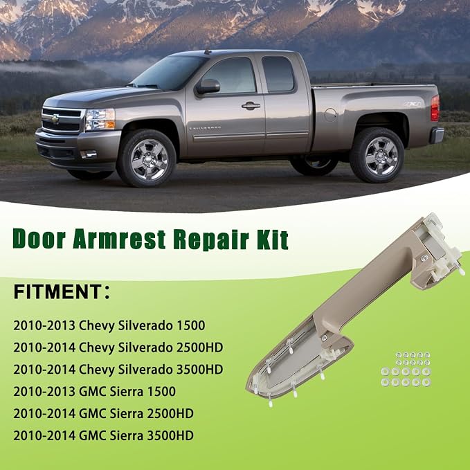Upgraded Door Armrest Repair Kit Left Driver Side Door Panel Handle Tan Compatible with 2010-2014 Chevy Silverado GMC Sierra 1500 2500HD 3500HD Replaces 22818467