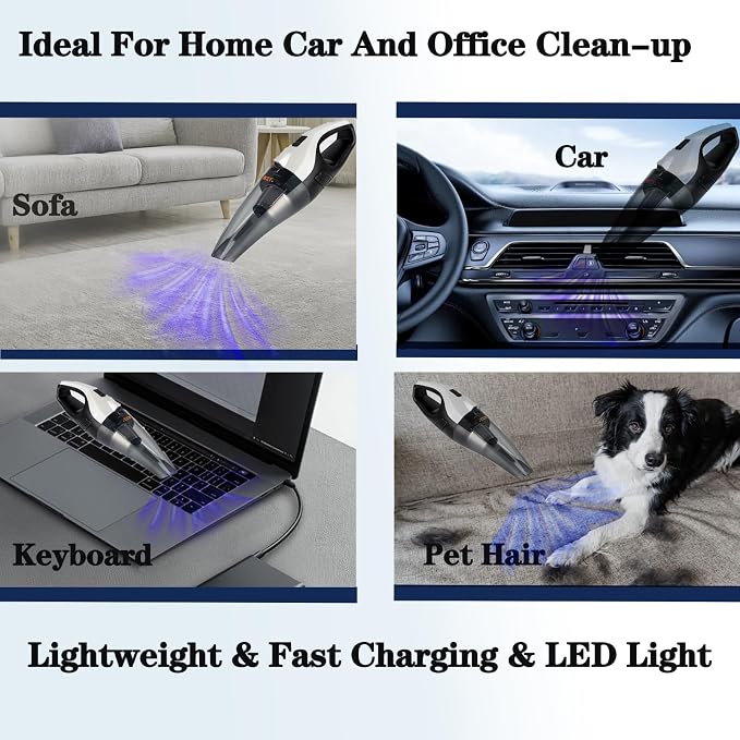 BZY Handheld Vacuum Cleaner Cordless Rechargeable 17500Pa Strong Suction Small Handheld Vacuum with LED Light Portable Car Vacuum Cleaner with Multi-Nozzles & Washable Filter 35Min for Car Home Pet