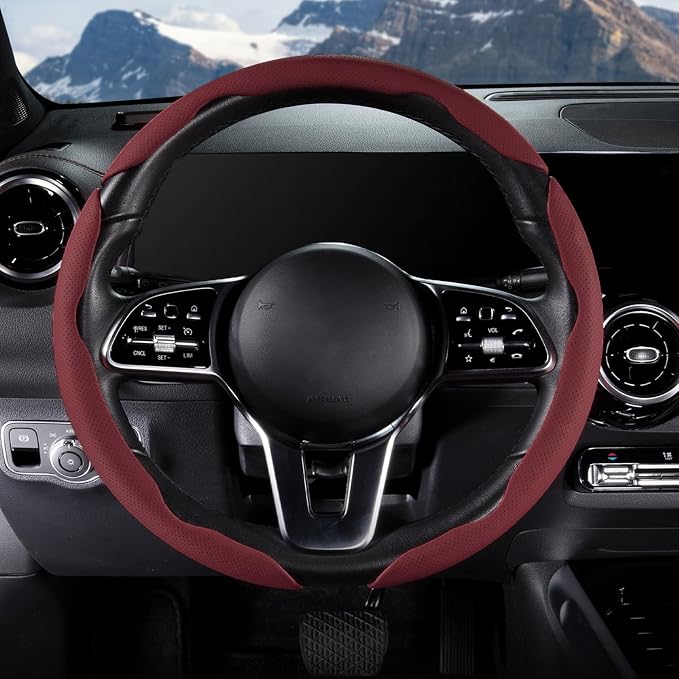 Car Steering Wheel Cover Leather Snap On 3Pcs Set Non-Slip Protector Wrap Steering Wheel Accessories 14.5-15 inch Universal Wine Red
