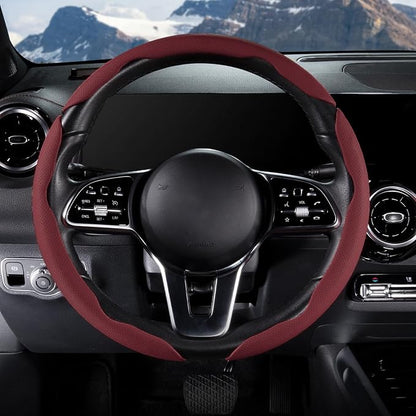 Car Steering Wheel Cover Leather Snap On 3Pcs Set Non-Slip Protector Wrap Steering Wheel Accessories 14.5-15 inch Universal Wine Red