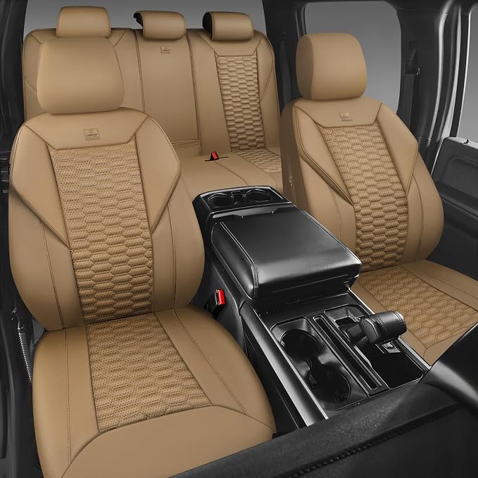 CAR PASS 3D Foam PU Leather Car Seat Covers Full Set,Tan Breathable Faux Leather Seat Covers for Car,Anti Slip Universal Fit for SUVs Vans Sedan Truck Automotive,Armrest Airbag Compatible All Beige