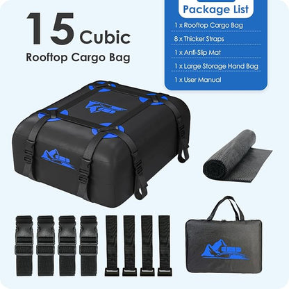 Car Rooftop Cargo Carrier Bag 15 Cubic Feet, 100% Waterproof Heavy Duty Car Roof Bag for All Vehicle with/Without Racks - Anti-Slip Mat, 4 Door Hooks, Storage Bags, 4PCS 3.8CM Straps(Blue)