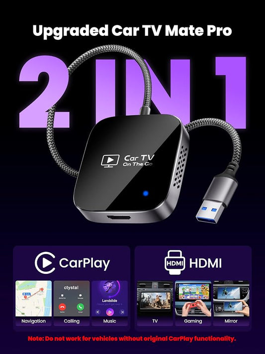 2-in-1 Wireless CarPlay Adapter & Car TV Mate Pro 2026 [Metal & Glass Case] Convert Wired to Wireless Car Play with HDMI Input for TV Stick, Screen Mirroring & Streaming, Fit for 2016+ Cars -Black