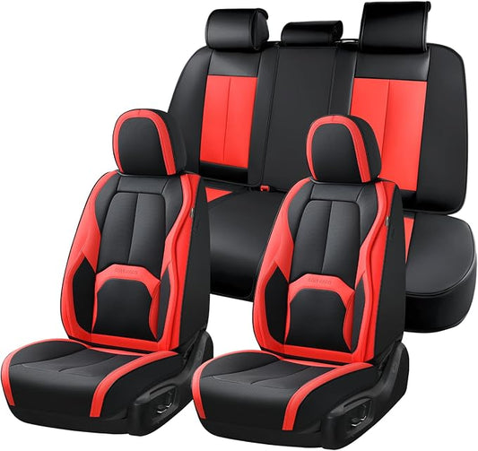 Coverado Leather Seat Covers Full Set, Black and Red Leather Car Seat Cover, Waterproof Car Seat Protector with Lumbar Support, Automotive Seat Covers Universal Fit for Most Cars SUV Truck