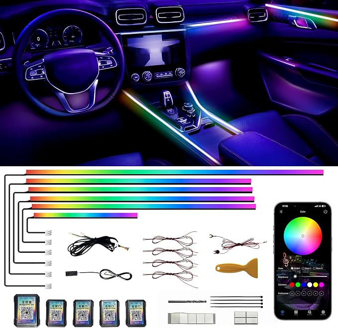 Acrylic Interior Car LED Strip Lights,dreamcolor 6-in-1 Car Ambient Lighting Kit, with APP Control, 622 LED Fiber Optic Strip Lights for Cars,Supports Neon Sync with Music DIY Mode.