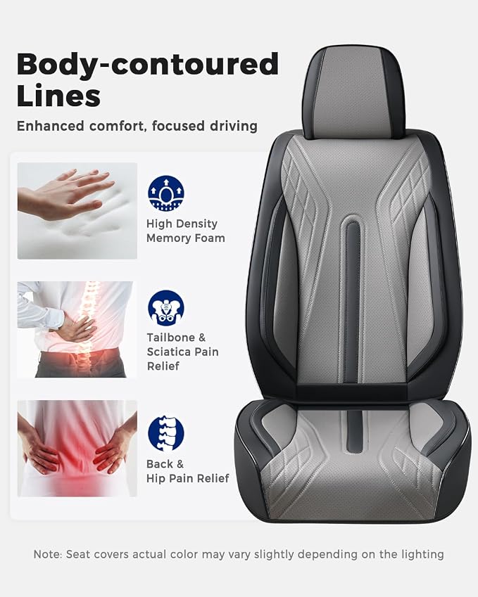 Huidasource Car Seat Covers Full Set, Universal Fit for Most Cars SUV Trucks, Full Coverage Nappa Leather Seat Cover, Airbag, Cupholder Compatible, Velcro Adjustable, Seat Function Retain, Black&Gray