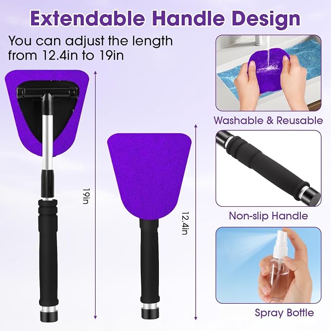 Purple Windshield Cleaner Tool, Car Interior Cleaning Kit with Extendable Handle and 3 Reusable Microfiber Pads, Auto Glass Wiper and Detailing Brush Kit for Car & Home Window
