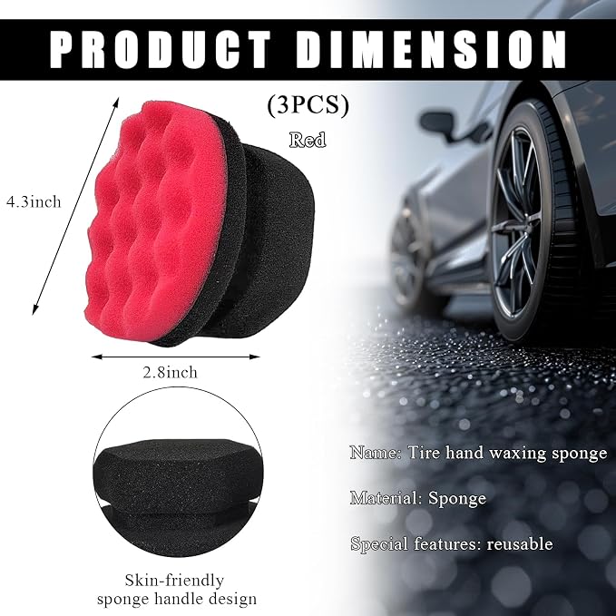 KVAEY 3 PCS Tire Dressing Applicator Pads, Reusable Hex Grip Tire Shine Applicator Polishing Sponge Pads, Wheel Tire Shine Detailing Foam for Most Vehicles, Car Accessories (Red, 4.33")