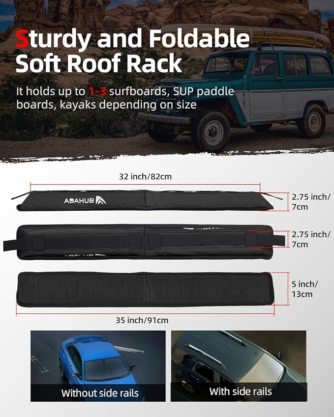 Abahub Soft Roof Rack Pads with 2 Tie Down Straps, 2 Tie Down Ropes, 2 Hood Loops and Storage Bag, for Surfboard, Kayak, Canoe, Heavy Duty Universal Car Roof Racks System